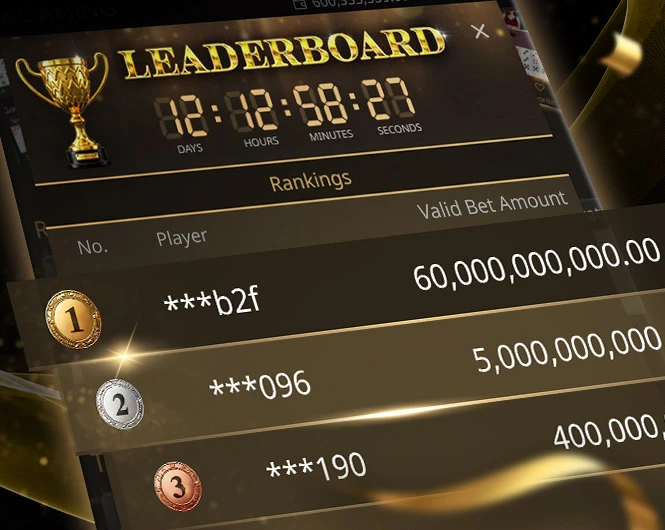 SA Gaming casino leaderboard showing top players and bet amounts, with a countdown timer and gold, silver, bronze rewards.